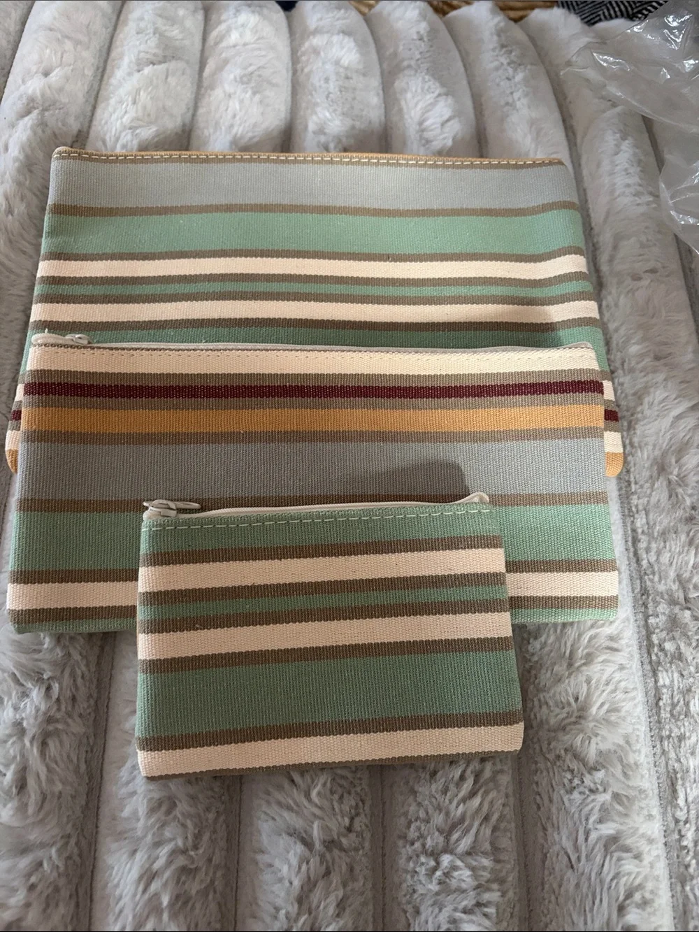 Martha Stewart Striped Canvas Cosmetic Pouch Set in Mint, Cream, Tan and Brown